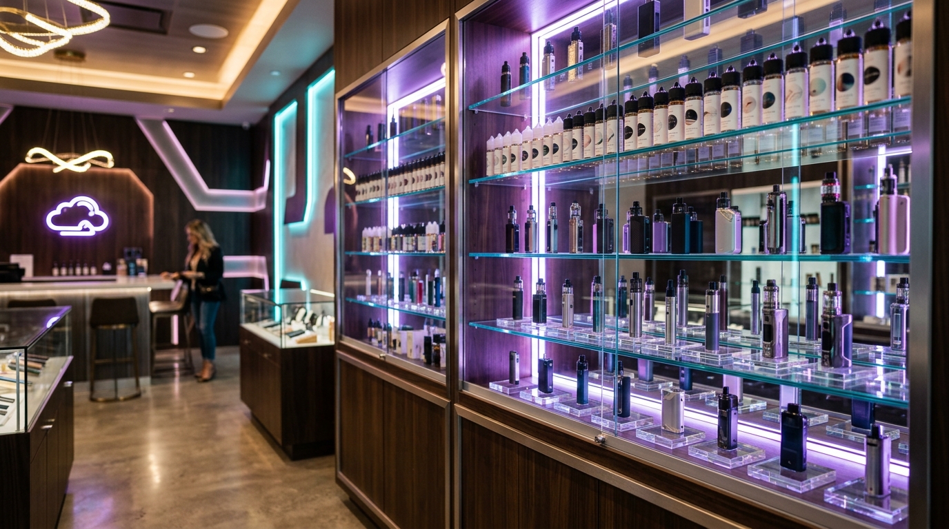 Vape juice display cases at Forever Vapes Pearland TX